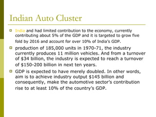Indian Auto Cluster India  and had limited contribution to the economy, currently contributing about 5% of the GDP and it is targeted to grow five fold by 2016 and account for over 10% of India’s GDP.   production of 185,000 units in 1970-71, the industry currently produces 11 million vehicles. And from a turnover of $34 billion, the industry is expected to reach a turnover of $150-200 billion in next ten years.   GDP is expected to have merely doubled. In other words, aim is to achieve industry output $145 billion and consequently, make the automotive sector’s contribution rise to at least 10% of the country’s GDP.   