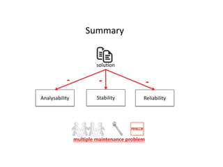 Analysability Stability Reliability
solution
- - -
Summary
multiple maintenance problem
 