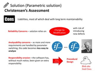 Liabilities, most of which deal with long term maintainability
Change by
Modification
Reliability Concerns – solution relies on
with risk of
introducing
new defects
Analysability concerns – as more and more
requirements are handled by parameter
switching, the code becomes less easy to
analyse
…
Responsibility erosion – the software has,
without much notice, been given an extra
responsibility
drives
towards
Procedural
Design
Blob aka
God Class
Solution (Parametric solution)
Christensen’s Assessment
 