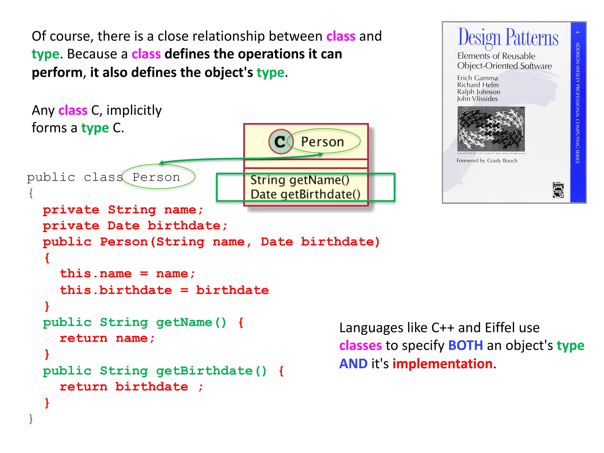 Of course, there is a close relationship between class and
type. Because a class defines the operations it can
perform, it also defines the object's type.
public class Person
{
private String name;
private Date birthdate;
public Person(String name, Date birthdate)
{
this.name = name;
this.birthdate = birthdate
}
public String getName() {
return name;
}
public String getBirthdate() {
return birthdate ;
}
}
Any class C, implicitly
forms a type C.
Languages like C++ and Eiffel use
classes to specify BOTH an object's type
AND it's implementation.
 