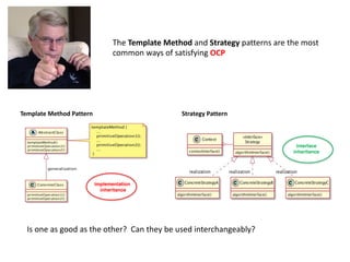 The Template Method and Strategy patterns are the most
common ways of satisfying OCP
Template Method Pattern Strategy Pattern
Is one as good as the other? Can they be used interchangeably?
interface
inheritance
implementation
inheritance
 