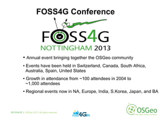 FOSS4G Conference
● Annual event bringing together the OSGeo community
● Events have been held in Switzerland, Canada, South Africa,
Australia, Spain, United States
● Growth in attendance from ~100 attendees in 2004 to
~1,000 attendees
● Regional events now in NA, Europe, India, S.Korea, Japan, and BA
2013-04-25 | OSGeo 2013. All rights reserved
 