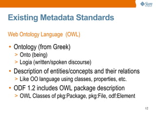 Existing Metadata Standards Web Ontology Language  (OWL) Ontology (from Greek) Onto (being) Logia (written/spoken discourse) Description of entities/concepts and their relations Like OO language using classes, properties, etc. ODF 1.2 includes OWL package description OWL Classes of pkg:Package, pkg:File, odf:Element  