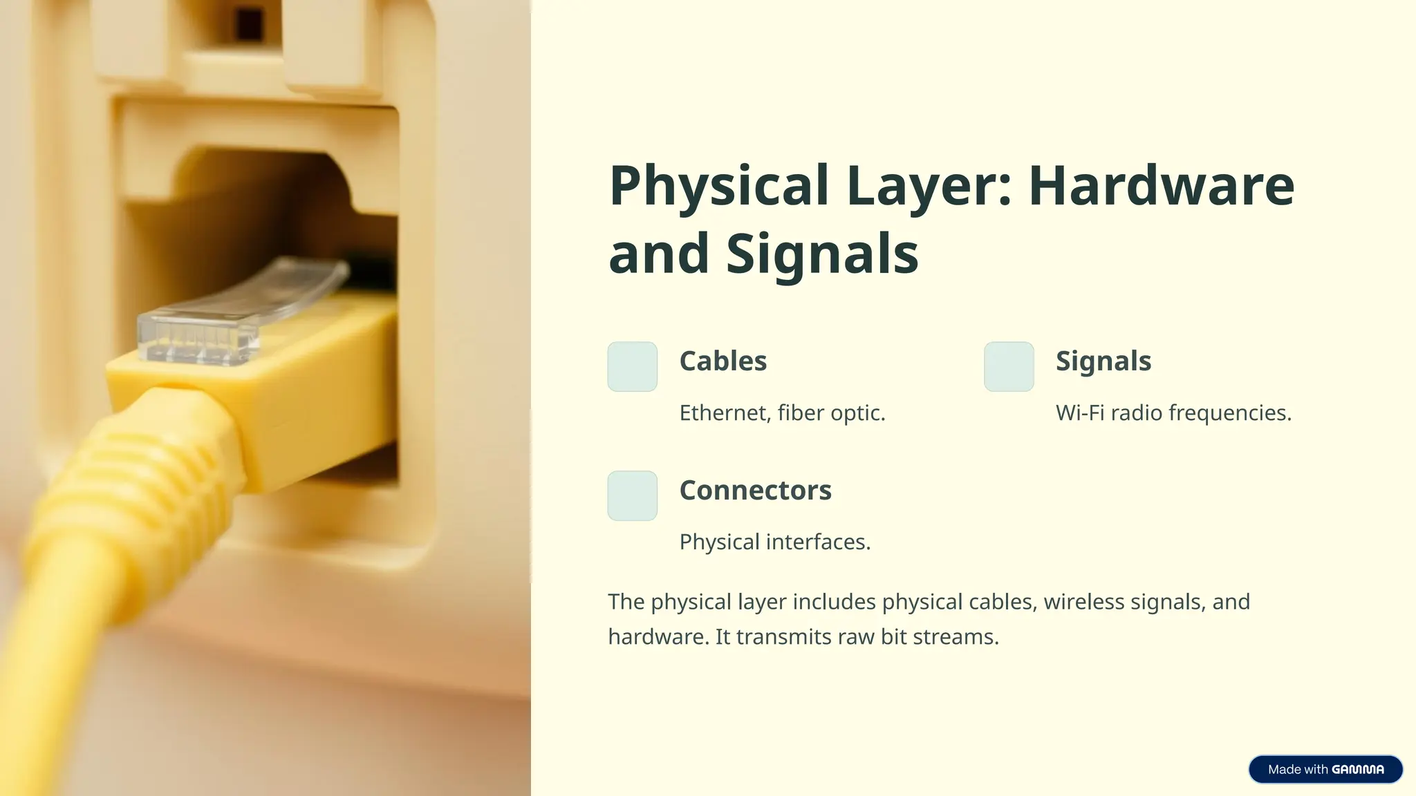Physical Layer: Hardware
and Signals
Cables
Ethernet, fiber optic.
Signals
Wi-Fi radio frequencies.
Connectors
Physical interfaces.
The physical layer includes physical cables, wireless signals, and
hardware. It transmits raw bit streams.
 