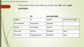 The passive forms are made up of the verb be with a past
participle:
be past participle
English is spoken all over the world
The windows have been cleaned
Lunch was being served
The work will be finished soon
The work Is going to be finished soon
The passive forms are made up of the verb be with a past participle:
 