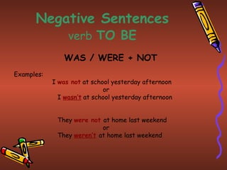 Negative Sentences
                 verb TO BE
               WAS / WERE + NOT
Examples:
            I was not at school yesterday afternoon
                             or
              I wasn’t at school yesterday afternoon


             They were not at home last weekend
                           or
             They weren’t at home last weekend
 
