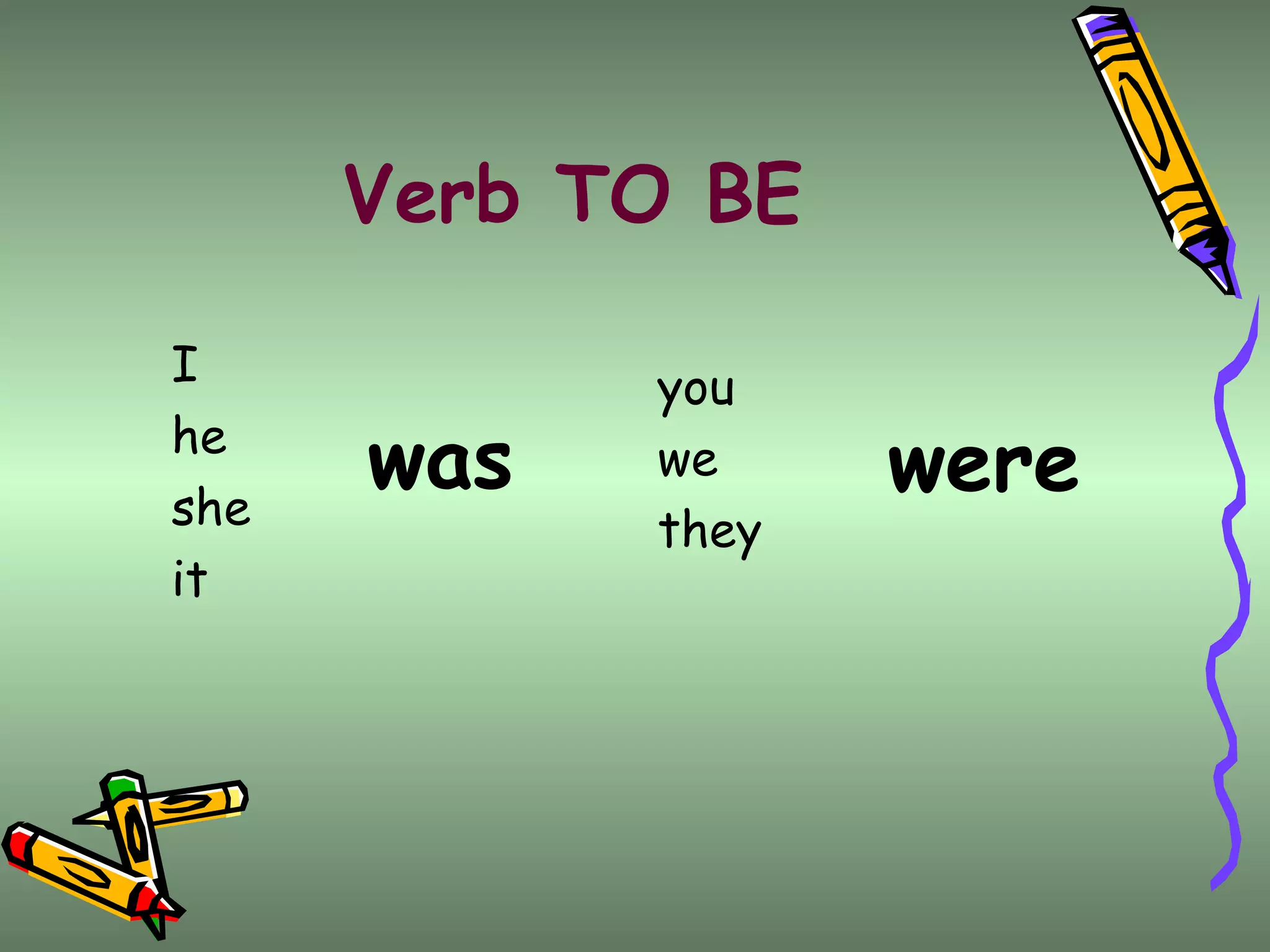 Verb TO BE I he she  it you we they was were 