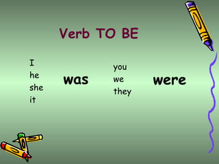 Verb TO BE I he she  it you we they was were 