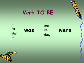 Verb TO BE 
I 
he 
she 
it 
you 
we 
they 
was were 
 