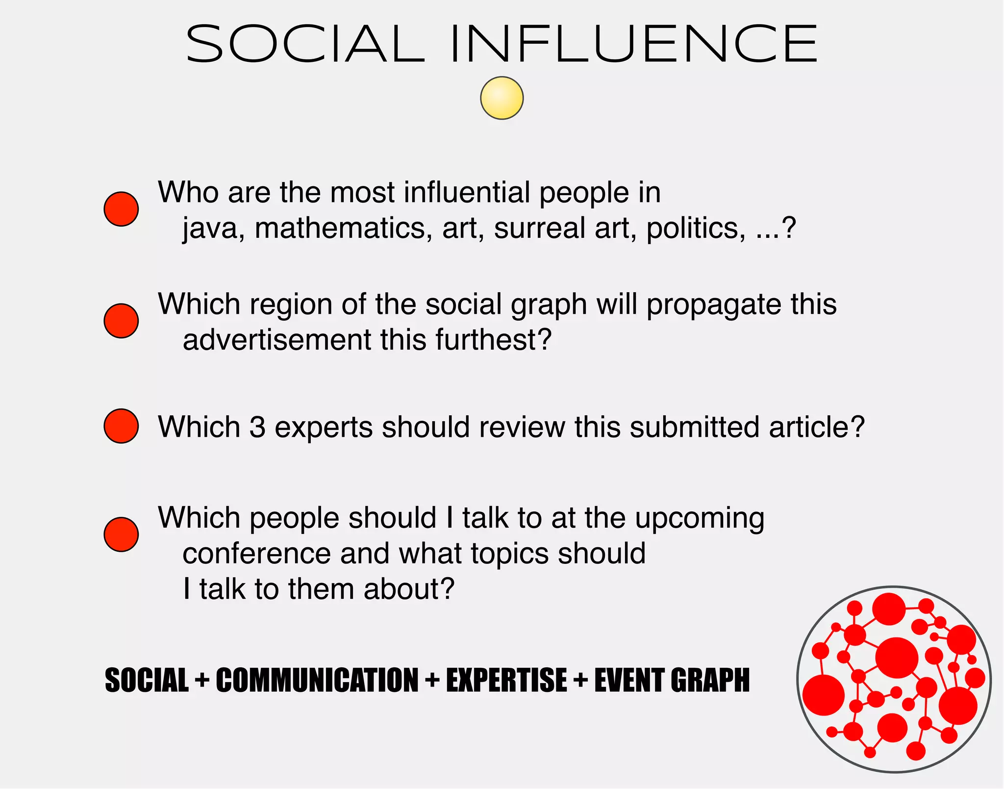 SOCIAL INFLUENCE 
Who are the most influential people in 
java, mathematics, art, surreal art, politics, ...? 
Which region of the social graph will propagate this 
advertisement this furthest? 
Which 3 experts should review this submitted article? 
Which people should I talk to at the upcoming 
conference and what topics should 
I talk to them about? 
SOCIAL + COMMUNICATION + EXPERTISE + EVENT GRAPH 
 