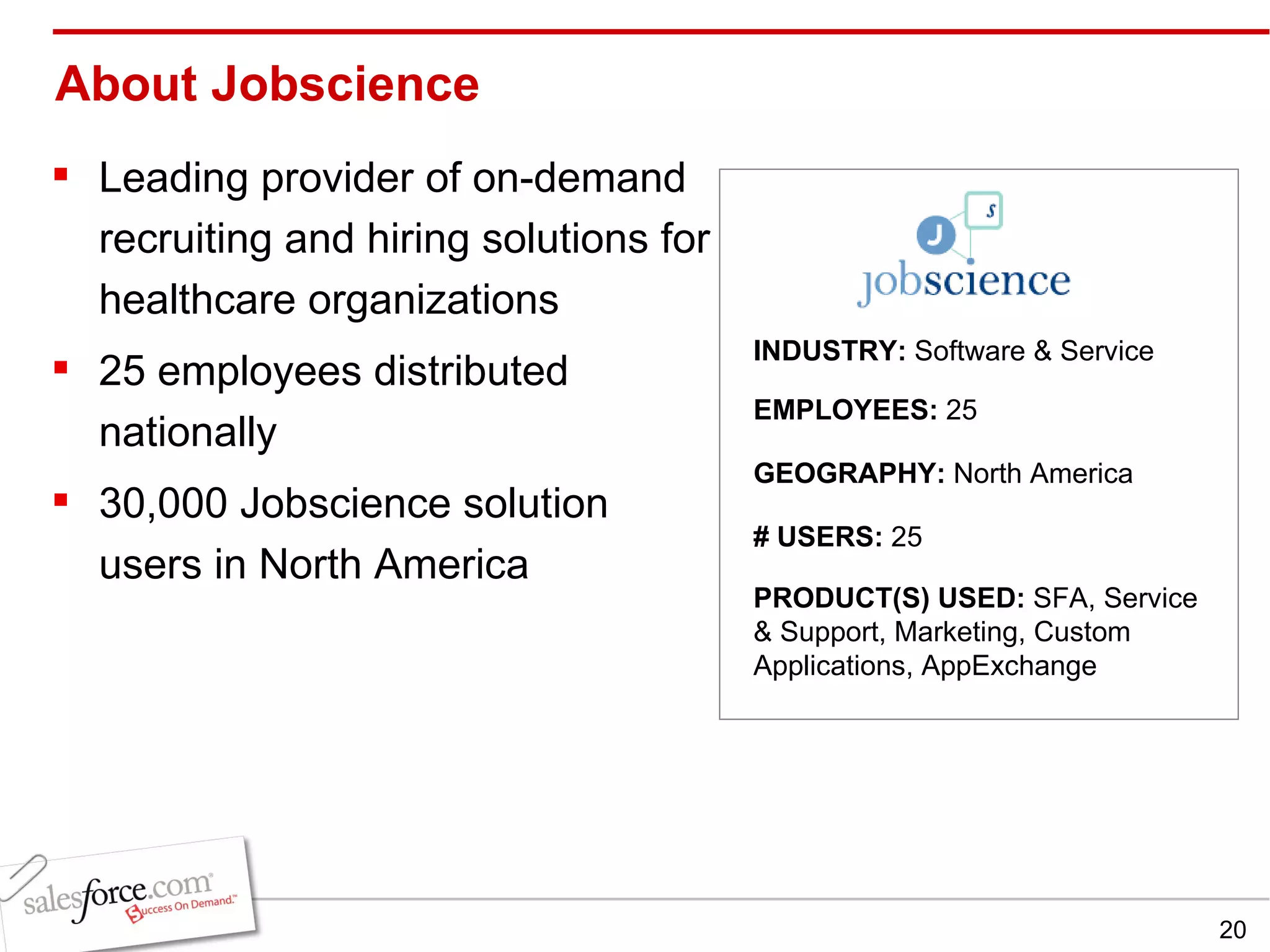 About Jobscience Leading provider of on-demand recruiting and hiring solutions for healthcare organizations 25 employees distributed nationally 30,000 Jobscience solution users in North America INDUSTRY:  Software & Service EMPLOYEES:  25 GEOGRAPHY:  North America PRODUCT(S) USED:  SFA, Service & Support, Marketing, Custom Applications, AppExchange # USERS:  25 