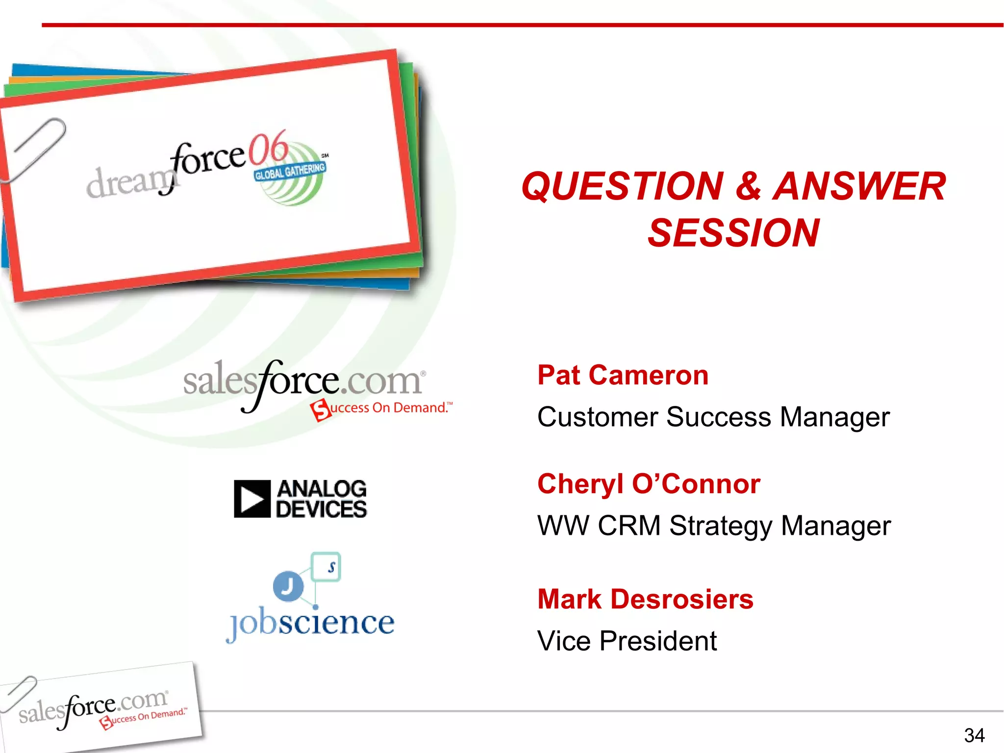 Pat Cameron Customer Success Manager Cheryl O’Connor WW CRM Strategy Manager Mark Desrosiers Vice President QUESTION & ANSWER SESSION 