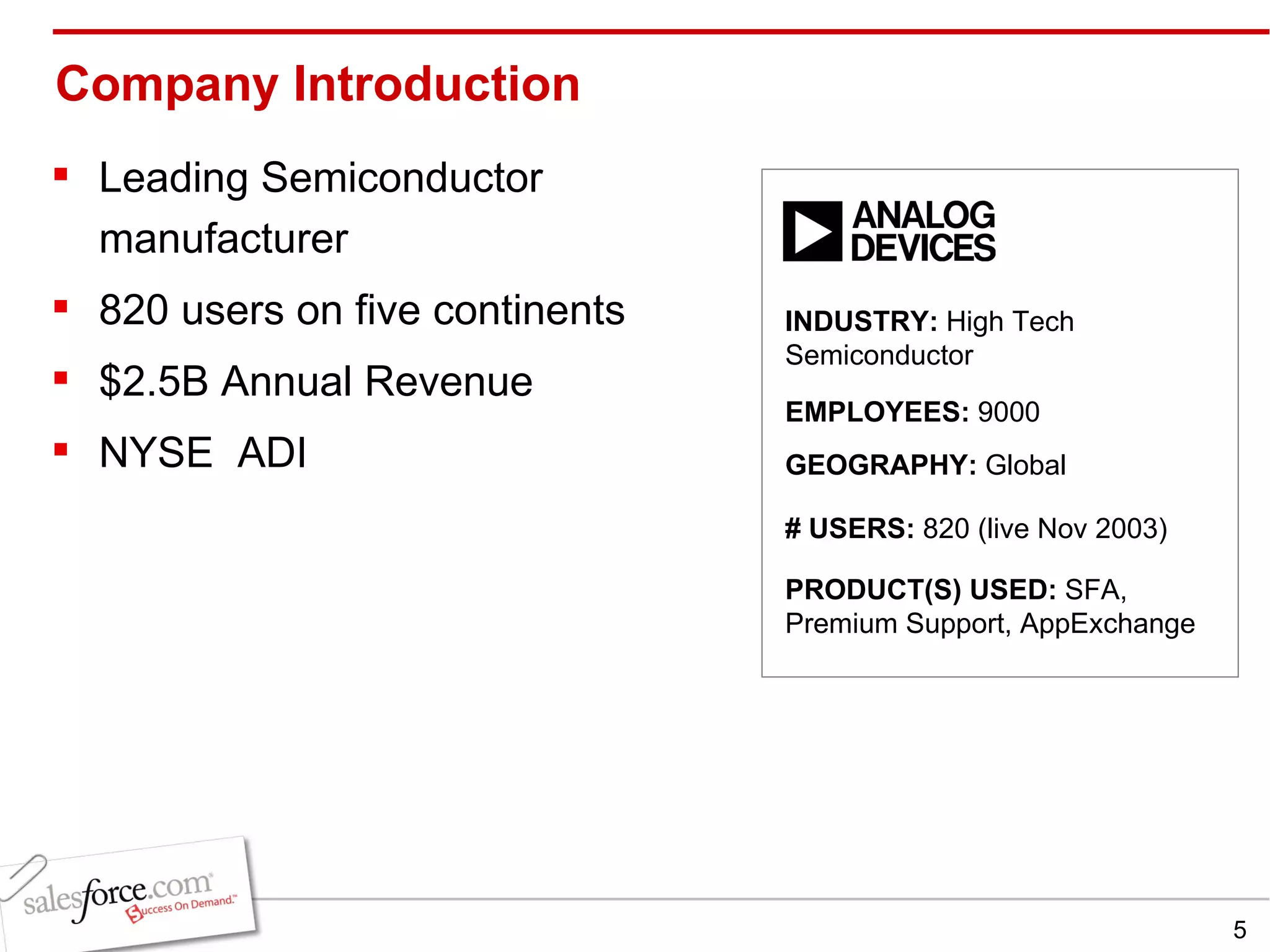 Company Introduction Leading Semiconductor manufacturer 820 users on five continents $2.5B Annual Revenue NYSE  ADI INDUSTRY:  High Tech Semiconductor EMPLOYEES:  9000 GEOGRAPHY:  Global PRODUCT(S) USED:  SFA, Premium Support, AppExchange # USERS:  820 (live Nov 2003) 