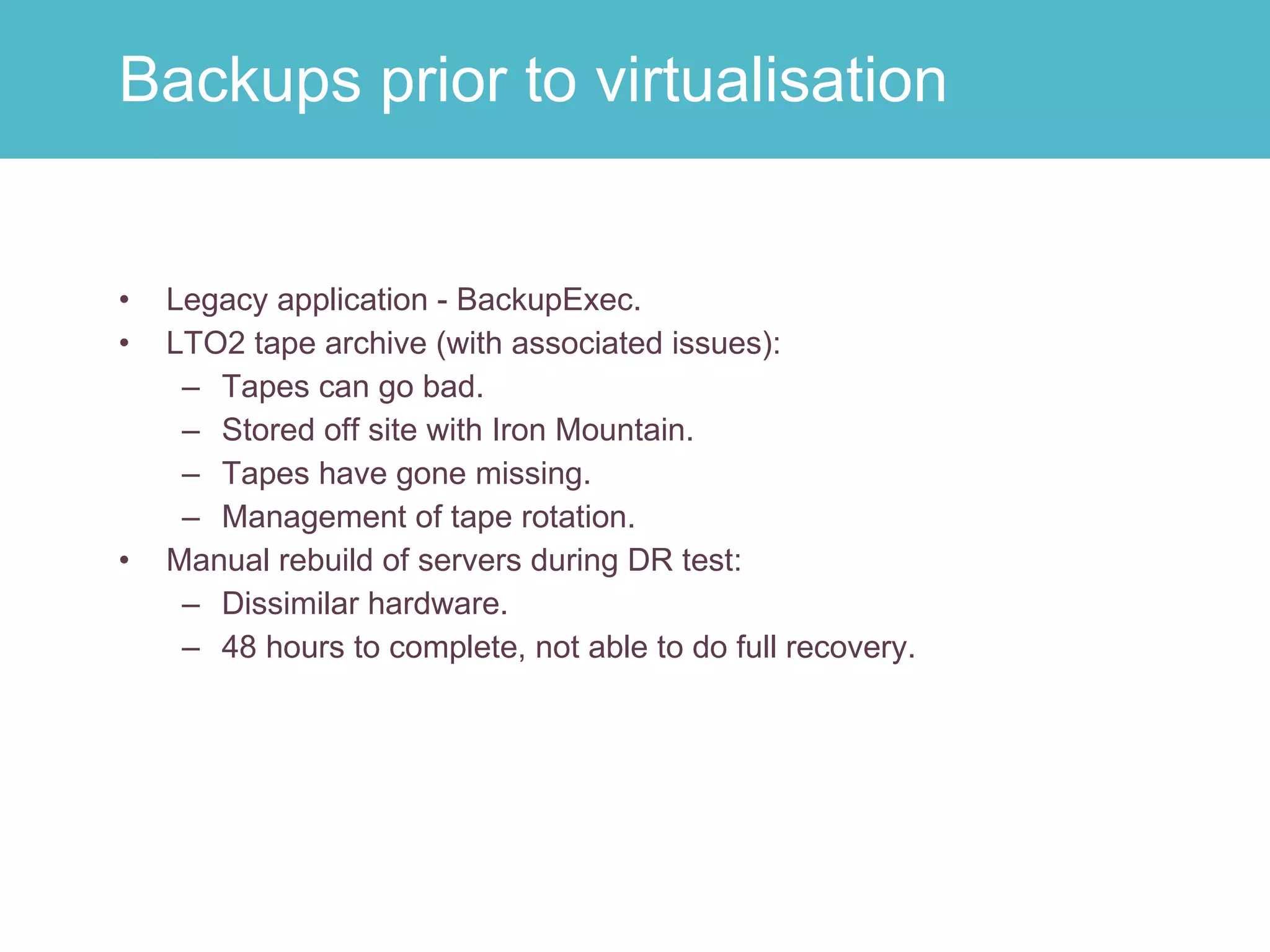 Legacy application - BackupExec. LTO2 tape archive (with associated issues): Tapes can go bad. Stored off site with Iron Mountain. Tapes have gone missing. Management of tape rotation. Manual rebuild of servers during DR test: Dissimilar hardware. 48 hours to complete, not able to do full recovery. Backups prior to virtualisation 