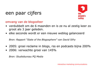 een paar cijfers omvang van de blogosfeer verdubbelt om de 6 maanden en is ze nu al zestig keer zo groot als 3 jaar geleden.  elke seconde wordt er een nieuwe weblog gelanceerd Bron: Rapport “State of the Blogosphere” van David Sifry 2005: groei reclame in blogs, rss en podcasts bijna 200%  2006: verwachte groei van 145% Bron: Studiebureau PQ Media 