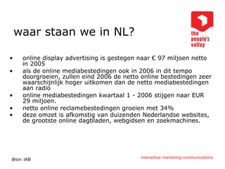 waar staan we in NL? online display advertising is gestegen naar € 97 miljoen netto in 2005 als de online mediabestedingen ook in 2006 in dit tempo doorgroeien, zullen eind 2006 de netto online bestedingen zeer waarschijnlijk hoger uitkomen dan de netto mediabestedingen aan radio online mediabestedingen kwartaal 1 - 2006 stijgen naar EUR 29 miljoen.  netto online reclamebestedingen groeien met 34% deze omzet is afkomstig van duizenden Nederlandse websites, de grootste online dagbladen, webgidsen en zoekmachines.   Bron: IAB 