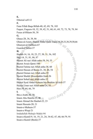 110
E.
Ethereal self-12
F.
Fana Fillah Baqa Billah-40, 42, 69, 78, 103
Faqeer, Faqeers-10, 32, 39, 42, 51, 60, 61, 69, 72, 73, 78, 79, 84
Fusus al-Hikam-36, 38
G.
Ghaus-28, 36, 38, 86
Ghaus-ul-Azam, Shaikh Abdul Qadir Jilani-10,29,33,38,39,50,66
Ghunyat-ul-Talibeen-67
Guarded Tablet-37
H.
Hadith-14, 16, 18, 23, 27, 30, 31, 36, 102
Hajj-14, 31, 81, 86, 87
Hazrat Ali razi Allah anhu-38, 54, 55
Hazrat Awais Qarni-100
Hazrat Fatima razi Allah anha-38, 60
Hazrat Hassan of Basra-21, 38, 48, 54
Hazrat Osman razi Allah anhu-55
Hazrat Shaikh Moeeduddin Jindi-36
Hazrat Sohail razi Allah anhu-32
Hazrat Syed Abdul Kareem bin Ibrahim Al-Jaili-37
Hazrat Umar razi Allah anhu-24, 55
Hoo-39, 64, 66, 79
I.
Ibn-e-Arabi-36, 38
Imam Abu Hanifa-23, 96
Imam Ahmad ibn Hanbal-22, 23
Imam Hussain-20, 21
Imam-e-Mubeen-37
Imam-e-Waqt-21
Imdadullah Muhajir Makki-94
Insan-e-Kamil-9, 16, 19, 21, 24, 34-42, 47, 60, 66-79, 91
Insan-e-Kamil (Book)-37
 