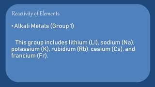 Reactivity of Elements
•Alkali Metals (Group 1)
This group includes lithium (Li), sodium (Na),
potassium (K), rubidium (Rb), cesium (Cs), and
francium (Fr).
 
