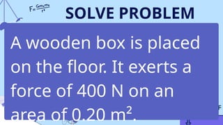 SOLVE PROBLEM
A wooden box is placed
on the floor. It exerts a
force of 400 N on an
area of 0.20 m².
 