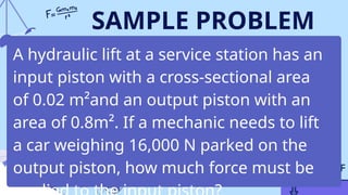 SAMPLE PROBLEM
A hydraulic lift at a service station has an
input piston with a cross-sectional area
of 0.02 m²and an output piston with an
area of 0.8m². If a mechanic needs to lift
a car weighing 16,000 N parked on the
output piston, how much force must be
 