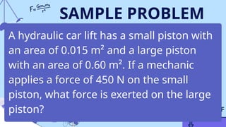 SAMPLE PROBLEM
A hydraulic car lift has a small piston with
an area of 0.015 m² and a large piston
with an area of 0.60 m². If a mechanic
applies a force of 450 N on the small
piston, what force is exerted on the large
piston?
 