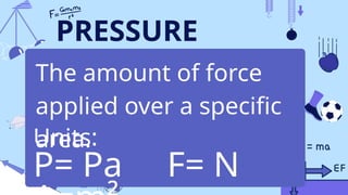 The amount of force
applied over a specific
area.
PRESSURE
Units:
P= Pa F= N
 