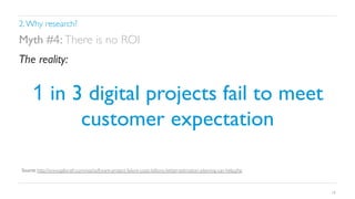 2. Why research?	


Myth #4: There is no ROI	

The reality:	


1 in 3 digital projects fail to meet
customer expectation 	

Source: http://www.galorath.com/wp/software-project-failure-costs-billions-better-estimation-planning-can-help.php	


19

 