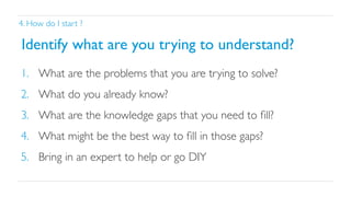 4. How do I start ?	


Identify what are you trying to understand?	

1.  What are the problems that you are trying to solve?	

2.  What do you already know? 	

3.  What are the knowledge gaps that you need to ﬁll?	

4.  What might be the best way to ﬁll in those gaps?	

5.  Bring in an expert to help or go DIY	


 