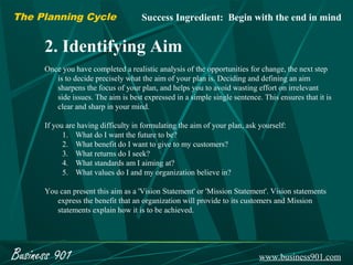 The Planning Cycle                   Success Ingredient: Begin with the end in mind


      2. Identifying Aim
      Once you have completed a realistic analysis of the opportunities for change, the next step
         is to decide precisely what the aim of your plan is. Deciding and defining an aim
         sharpens the focus of your plan, and helps you to avoid wasting effort on irrelevant
         side issues. The aim is best expressed in a simple single sentence. This ensures that it is
         clear and sharp in your mind.

      If you are having difficulty in formulating the aim of your plan, ask yourself:
            1. What do I want the future to be?
            2. What benefit do I want to give to my customers?
            3. What returns do I seek?
            4. What standards am I aiming at?
            5. What values do I and my organization believe in?

      You can present this aim as a 'Vision Statement' or 'Mission Statement'. Vision statements
         express the benefit that an organization will provide to its customers and Mission
         statements explain how it is to be achieved.




Business 901                                                                www.business901.com
 