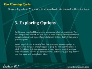The Planning Cycle
    Success Ingredient: You owe it to all stakeholders to research different options.




          3. Exploring Options
          By this stage you should know where you are and what you want to do. The
          next thing to do is to work out how to do it. The Creativity Tools listed in step
          one can explain a wide range of powerful creativity tools that will help you to
          generate options.

          At this stage it is best to spend a little time generating as many options as
          possible, even though it is tempting just to grasp the first idea that comes to
          mind. By taking a little time to generate as many ideas as possible you may
          come up with less obvious but better solutions. Just as likely, you may improve
          your best ideas with parts of other ideas.




Business 901                                                                www.business901.com
 