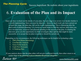 The Planning Cycle
                                    Success Ingredient: Be realistic about your ingredients


   6. Evaluation of the Plan and its Impact
  Once you have worked out the details of your plan, the next stage is to review it to decide whether it
     is worth implementing. Here you must be objective - however much work you have carried out
     to reach this stage, the plan may still not be worth implementing. This is frustrating after the
     hard work of detailed planning. It is, however, much better to find this out now than when you
     have invested time, resources and personal standing in the success of the plan. Evaluating the
     plan now gives you the opportunity to either investigate other options that might be more
     successful, or to accept that no plan is needed or should be carried out.

  Depending on the circumstances, the following techniques can be helpful in evaluating a plan:
       1. PMI (Plus/Minus/Interesting)
       2. Cost/Benefit Analysis
       3. Force Field Analysis
       4. Cash Flow Forecasts
       5. 6 Thinking Hats
            .
  If your analysis shows that the plan either will not give sufficient benefit, then either return to an
      earlier stage in the planning cycle or abandon the process altogether.

Business 901                                                                    www.business901.com
 