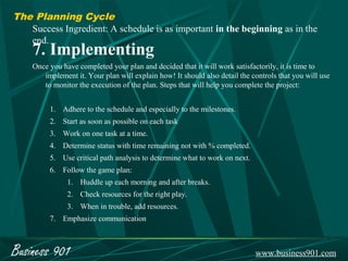 The Planning Cycle
   Success Ingredient: A schedule is as important in the beginning as in the
   end.
    7. Implementing
    Once you have completed your plan and decided that it will work satisfactorily, it is time to
       implement it. Your plan will explain how! It should also detail the controls that you will use
       to monitor the execution of the plan. Steps that will help you complete the project:


         1. Adhere to the schedule and especially to the milestones.
         2. Start as soon as possible on each task
         3. Work on one task at a time.
         4. Determine status with time remaining not with % completed.
         5. Use critical path analysis to determine what to work on next.
         6. Follow the game plan:
               1. Huddle up each morning and after breaks.
               2. Check resources for the right play.
               3. When in trouble, add resources.
         7. Emphasize communication



Business 901                                                                www.business901.com
 