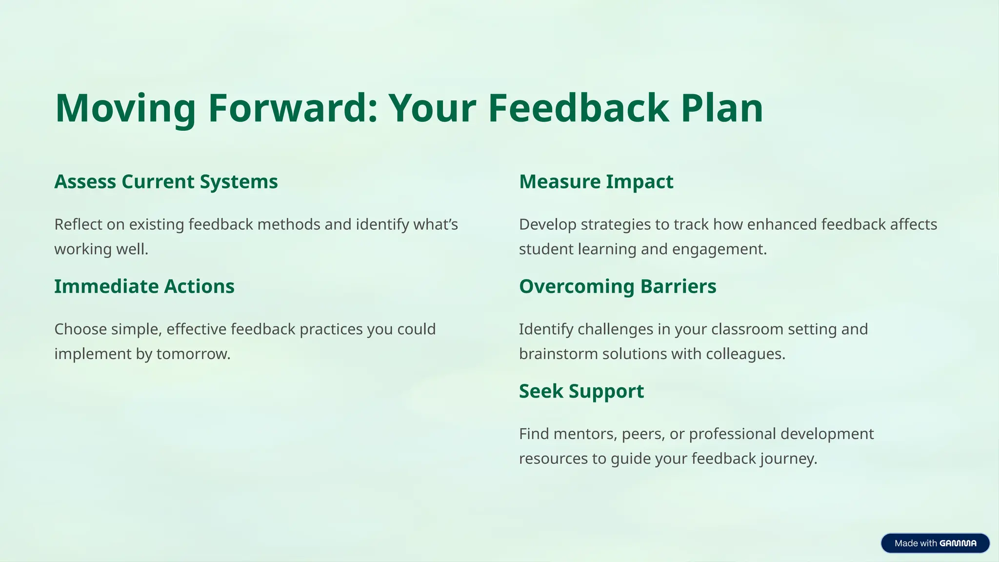 Moving Forward: Your Feedback Plan
Assess Current Systems
Reflect on existing feedback methods and identify what’s
working well.
Immediate Actions
Choose simple, effective feedback practices you could
implement by tomorrow.
Measure Impact
Develop strategies to track how enhanced feedback affects
student learning and engagement.
Overcoming Barriers
Identify challenges in your classroom setting and
brainstorm solutions with colleagues.
Seek Support
Find mentors, peers, or professional development
resources to guide your feedback journey.
 