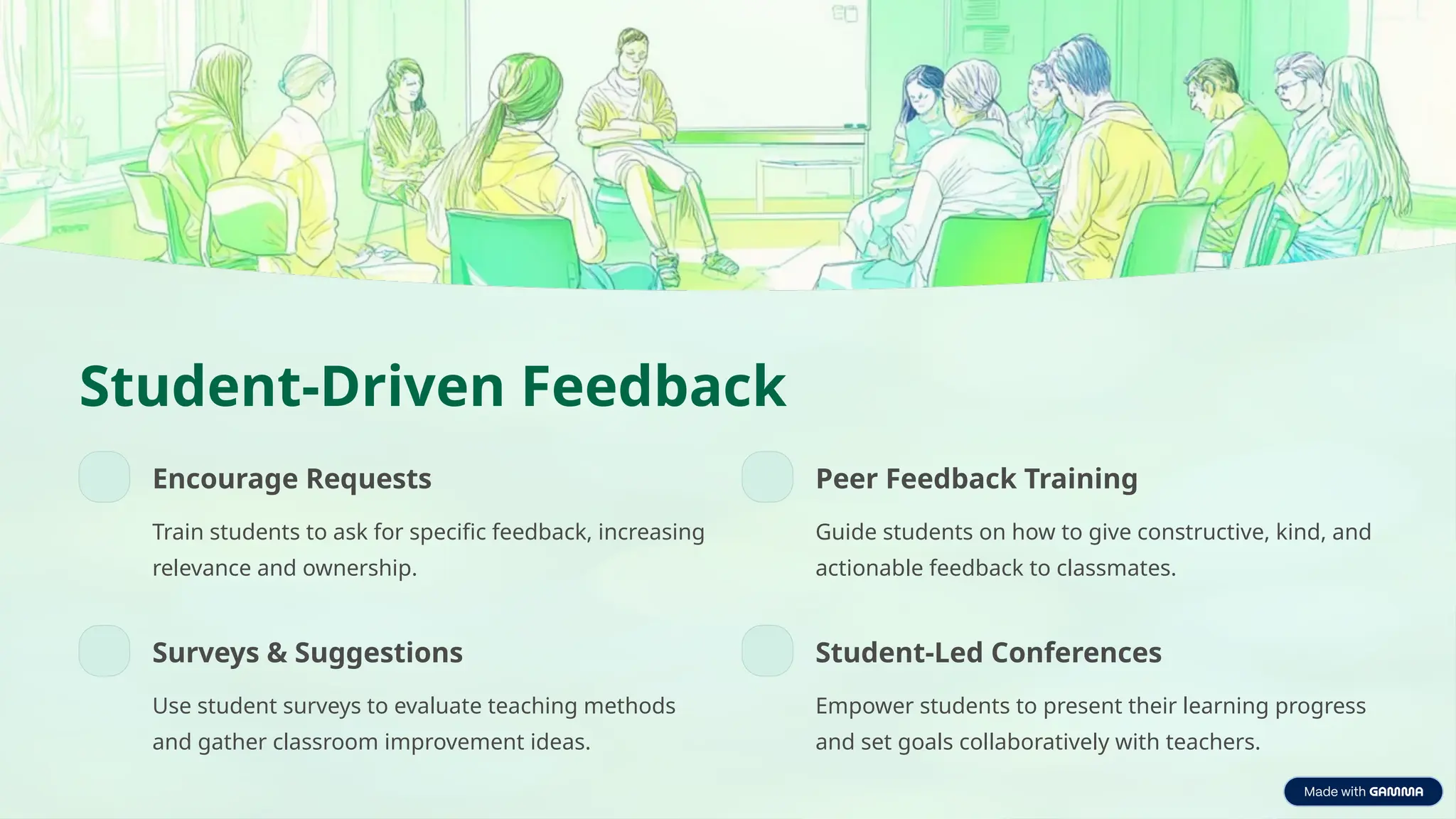 Student-Driven Feedback
Encourage Requests
Train students to ask for specific feedback, increasing
relevance and ownership.
Peer Feedback Training
Guide students on how to give constructive, kind, and
actionable feedback to classmates.
Surveys & Suggestions
Use student surveys to evaluate teaching methods
and gather classroom improvement ideas.
Student-Led Conferences
Empower students to present their learning progress
and set goals collaboratively with teachers.
 