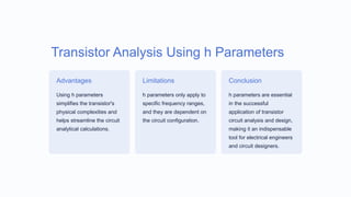 Transistor Analysis Using h Parameters
Advantages
Using h parameters
simplifies the transistor's
physical complexities and
helps streamline the circuit
analytical calculations.
Limitations
h parameters only apply to
specific frequency ranges,
and they are dependent on
the circuit configuration.
Conclusion
h parameters are essential
in the successful
application of transistor
circuit analysis and design,
making it an indispensable
tool for electrical engineers
and circuit designers.
 