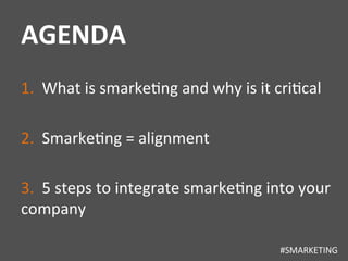 AGENDA 
1. 
What 
is 
smarke5ng 
and 
why 
is 
it 
cri5cal 
2. 
Smarke5ng 
= 
alignment 
3. 
5 
steps 
to 
integrate 
smar...