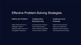 Effective Problem-Solving Strategies
Define the Problem
📝
Clearly identify the issue or
challenge to tackle it
effectively. Break it down into
manageable components.
Collaborative
Brainstorming 💭
Encourage open sharing of
ideas and perspectives.
Explore different possibilities
to find innovative solutions.
Implement and
Evaluate 🔄
Select the most promising
solution and implement it.
Regularly review progress to
make adjustments as needed.
 