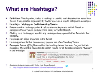 What are Hashtags? Definition:  The # symbol, called a hashtag, is used to mark keywords or topics in a Tweet. It was created organically by Twitter users as a way to categorize messages. Hashtags: helping you find interesting Tweets People use the hashtag symbol  #  before relevant keywords in their Tweet to categorize those Tweets to show more easily in Twitter Search.  Clicking on a hashtagged word in any message shows you all other Tweets in that category. Hashtags can occur anywhere in the Tweet. Hashtagged words that become very popular are often Trending Topics. Example:  Below, @VegNews added the hashtag before the word "vegan" in their message. The word is now a link to search results for all Tweets containing "#vegan" in the message. Source content and image credit: Twitter Help Center/Support: http://support.twitter.com/entries/49309-what-are-hashtags-symbols   © IncreaseOnlineProfits.com, 2011, Karl Kasca. AllRightsReserved. 