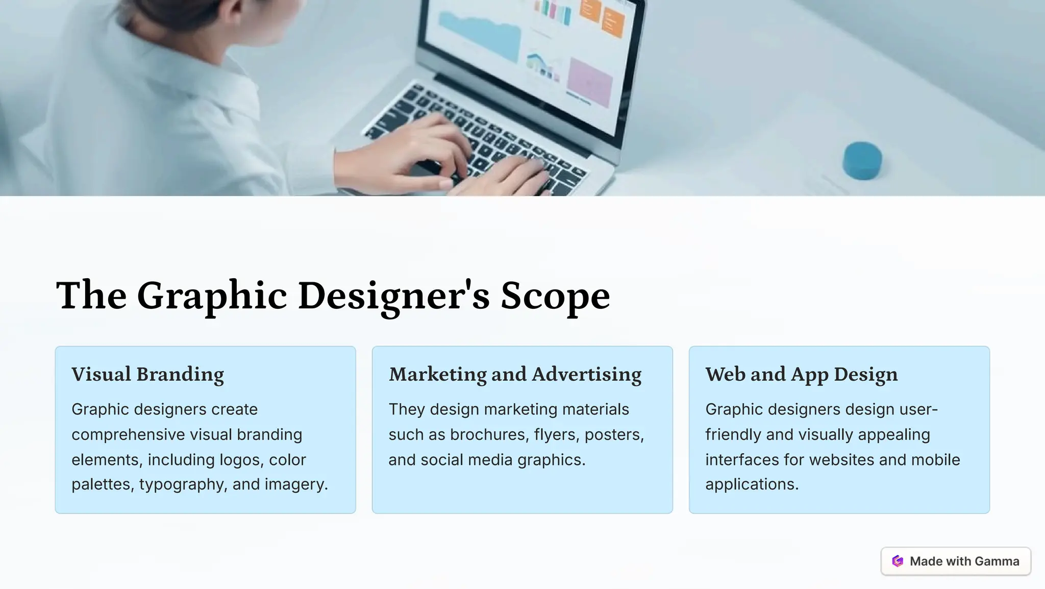 The Graphic Designer's Scope
Visual Branding
Graphic designers create
comprehensive visual branding
elements, including logos, color
palettes, typography, and imagery.
Marketing and Advertising
They design marketing materials
such as brochures, flyers, posters,
and social media graphics.
Web and App Design
Graphic designers design user-
friendly and visually appealing
interfaces for websites and mobile
applications.
 