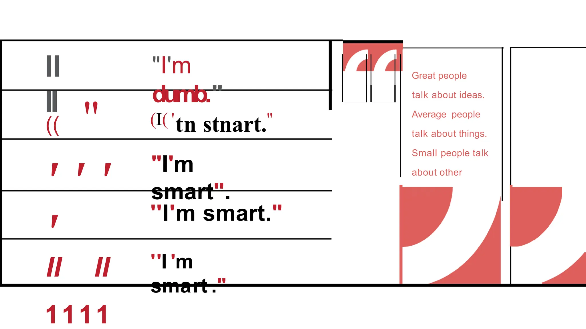 II
II
"I'm
dumb."
Great people
talk about ideas.
Average people
talk about things.
Small people talk
about other
people.
(( '' (I( 'tn stnart.''
'''
'
II II
1111
"I'm
smart".
''I'm smart."
''I 'm
smart ."
 