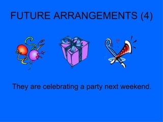 FUTURE ARRANGEMENTS (4)




They are celebrating a party next weekend.
 