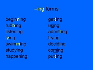 –ing forms
beginning
rubbing
listening
lying
swimming
studying
happening
getting
using
admitting
trying
deciding
coming
putting
 