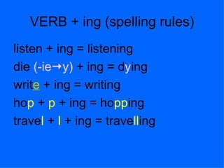 VERB + ing (spelling rules) listen + ing = listening die (-ie y) + ing = d y ing writ e + ing = writing ho p + p + ing = ho pp ing trave l + l + ing = trave ll ing