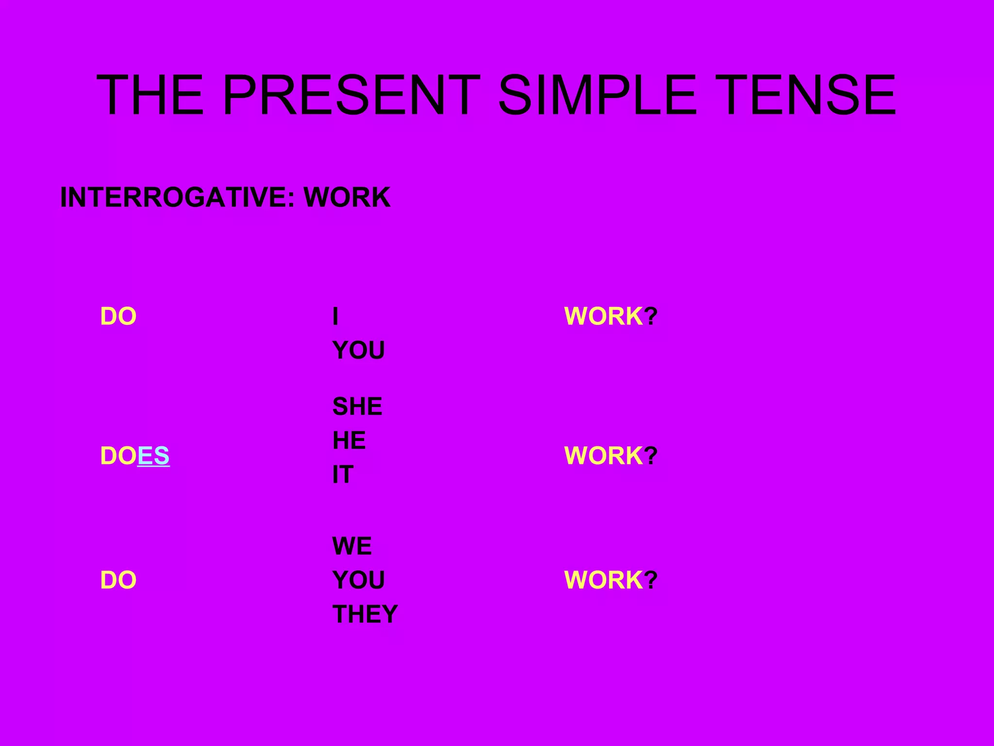 THE PRESENT SIMPLE TENSE
INTERROGATIVE: WORK
DO I
YOU
WORK?
DOES
SHE
HE
IT
WORK?
DO
WE
YOU
THEY
WORK?
 