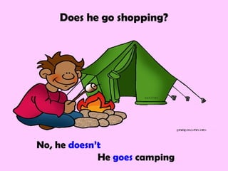 Does he go shopping?




No, he doesn’t
             He goes camping
 