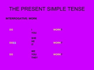 THE PRESENT SIMPLE TENSE
INTERROGATIVE: WORK
DO I
YOU
WORK?
DOES
SHE
HE
IT
WORK?
DO
WE
YOU
THEY
WORK?
 