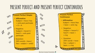 PRESENT PERFECT AND PRESENT PERFECT CONTINUOUS
Present Perfect Simple:
• Affirmative:
Subject + have / has
+ verb past participle
+ O + A
• Negative:
Subject + haven't /
hasn't + verb past
participle
• Question:
(Wh-word) + have /
has + subject + verb3
Present Perfect
Continuous:
• Affirmative:
Subject + have /has
+ been + verb-ing
• Negative:
Subject + haven't /
hasn't + been +
v-ing
• Question:
(Wh-word) + have
has + subject +
been + v-ing
Miss Anna's Grammar Presentations
 