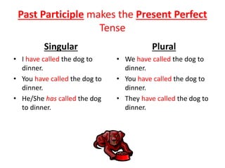 Past Participle makes the Present Perfect
Tense
Singular
• I have called the dog to
dinner.
• You have called the dog to
dinner.
• He/She has called the dog
to dinner.
Plural
• We have called the dog to
dinner.
• You have called the dog to
dinner.
• They have called the dog to
dinner.
 
