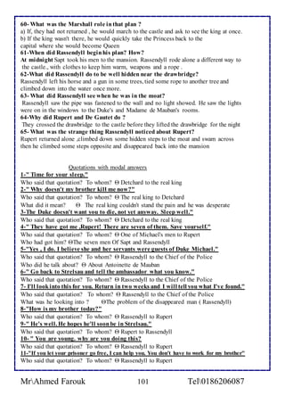 60- What was the Marshall role in that plan ? 
a) If, they had not returned , he would march to the castle and ask to see the king at once. 
b) If the king wasn't there, he would quickly take the Princess back to the 
capital where she would become Queen 
61-When did Rassendyll begin his plan? How? 
At midnight Sapt took his men to the mansion. Rassendyll rode alone a different way to 
the castle., with clothes to keep him warm, weapons and a rope . 
62-What did Rassendyll do to be well hidden near the drawbridge? 
Rassendyll left his horse and a gun in some trees, tied some rope to another tree and 
climbed down into the water once more. 
63- What did Rassendyll see when he was in the moat? 
Rassendyll saw the pipe was fastened to the wall and no light showed. He saw the lights 
were on in the windows to the Duke's and Madame de Mauban's rooms. 
64-Why did Rupert and De Gautet do ? 
They crossed the drawbridge to the castle before they lifted the drawbridge for the night 
65- What was the strange thing Rassendyll noticed about Rupert? 
Rupert returned alone ,climbed down some hidden steps to the moat and swam across 
then he climbed some steps opposite and disappeared back into the mansion 
Quotations with modal answers 
1-" Time for your sleep." 
Who said that quotation? To whom?  Detchard to the real king 
2-" Why doesn't my brother kill me now?" 
Who said that quotation? To whom?  The real king to Detchard 
What did it mean?  The real king couldn't stand the pain and he was desperate 
3-The Duke doesn't want you to die, not yet anyway. Sleep well." 
Who said that quotation? To whom?  Detchard to the real king 
4-" They have got me ,Rupert! There are seven of them. Save yourself." 
Who said that quotation? To whom?  One of Michael's men to Rupert 
Who had got him? The seven men Of Sapt and Rassendyll 
5-"Yes , I do. I believe she and her servants were guests of Duke Michael." 
Who said that quotation? To whom?  Rassendyll to the Chief of the Police 
Who did he talk about?  About Antoinette de Mauban 
6-" Go back to Strelsau and tell the ambassador what you know." 
Who said that quotation? To whom?  Rassendyll to the Chief of the Police 
7- I'll look into this for you. Return in two weeks and I will tell you what I've found." 
Who said that quotation? To whom?  Rassendyll to the Chief of the Police 
What was he looking into ? The problem of the disappeared man ( Rassendyll) 
8-"How is my brother today?" 
Who said that quotation? To whom?  Rassendyll to Rupert 
9-" He's well. He hopes he'll soon be in Strelsau." 
Who said that quotation? To whom?  Rupert to Rassendyll 
10- " You are young. why are you doing this? 
Who said that quotation? To whom?  Rassendyll to Rupert 
11-"If you let your prisoner go free, I can help you. You don't have to work for my brother" 
Who said that quotation? To whom?  Rassendyll to Rupert 
MrAhmed Farouk 101 Tel0186206087 
 