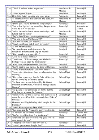 334 "Climb it and run as fast as you can." Antoinette de 
Mauban 
Rassendyll 
335 "I have a game to ploy." Antoinette Rassendyll 
336 I'll tell the Duke's men that you never came. Antoinette Rassendyll 
337 "If the Duke doesn't find out what I've done, we 
may meet again." 
Antoinette de 
Mauban 
Rassendyll 
338 "Thank you. You've helped the King tonight," Rassendyll Antoinette 
339 "But before I go, tell me something: Do you know 
where he is in the castle?" 
Rassendyll Antoinette de 
Mauban 
340 "Inside the castle there's a door on the right, and 
behind that-but listen!" 
Antoinette de 
Mauban 
Rassendyll 
341 They're here! It's too late for you to escape!" Antoinette Rassendyll 
342 "Are you in there, Mr Rassendyll?" Detchard Rassendyll 
343 "We want to make you an offer," Detchard Rassendyll 
344 "Stand outside and talk. I won't let you in." Detchard Rassendyll 
345 "Is that Mr Detchard?" Rassendyll Detchard 
346 We can offer you a safe journey to the 
border and fifty thousand English pounds," 
Detchard Rassendyll 
347 "That sounds a generous offer," Rassendyll Detchard 
348 "Give me a minute to think." Rassendyll Detchard 
349 "Gentlemen, I'd like to accept your kind offer. 
Perhaps you can open the door for me." 
Rassendyll Detchard 
350 "Why don't you open the door yourself?" Detchard Rassendyll 
351 "You'll need to step back or the door will hit you. Rassendyll Detchard 
352 "I have a fine story to tell you about a table!" Rassendyll Colonel Sapt 
353 "Some interesting things have been happening this 
morning," 
Colonel Sapt Rassendyll 
354 "The police report says that the Duke of Strelsau 
left the capital by the road to Zenda. 
Colonel Sapt Rassendyll 
355 "An hour later, he was followed by De Gautet, 
Bersonin and Detchard, who had a bandage around 
his arm." 
Colonel Sapt Rassendyll 
356 "the people of the capital are not happy that the 
King has yet to marry the Princess." 
Colonel Sapt Rassendyll 
357 "Some people say that if they do not marry soon, it 
would be better if the Princess married the Duke of 
Strelsau." 
Colonel Sapt Rassendyll 
358 However, the King is having a ball tonight for the 
Princess." 
Colonel Sapt Rassendyll 
359 "I don't know anything about a ball," 
360 "You must ask the Princess to marry you tonight. Colonel Sapt Rassendyll 
361 "It wouldn't be fair to the Princess." Rassendyll Colonel Sapt 
362 "You've been King for a few weeks now," Flavia Rassendyll 
363 "Everyone says you've done a very good job. I'm 
very pleased for you." 
Flavia 
Rassendyll 
364 " Recently I've realised how true this is." Rassendyll Flavia 
365 "Haven't you always thought that?" Flavia Rassendyll 
MrAhmed Farouk 133 Tel0186206087 
 